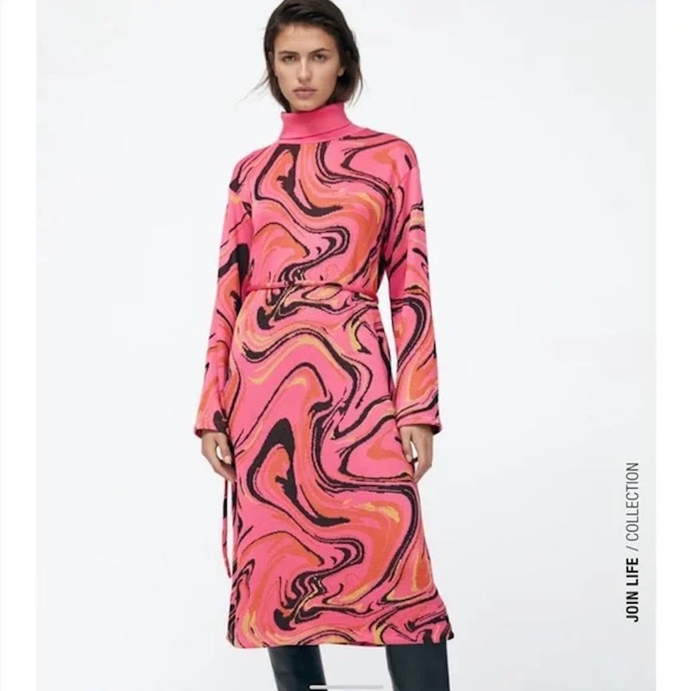 Zara Belted Jacquard Knit Sweater Midi Dress Pink Sz Small NWT - Picture 5 of 16